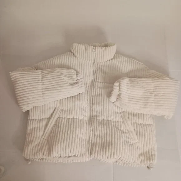 Sun Day Club Cottagecore Cream Corduroy Crop Puffer Jacket Women’s M EUC - Picture 4 of 16